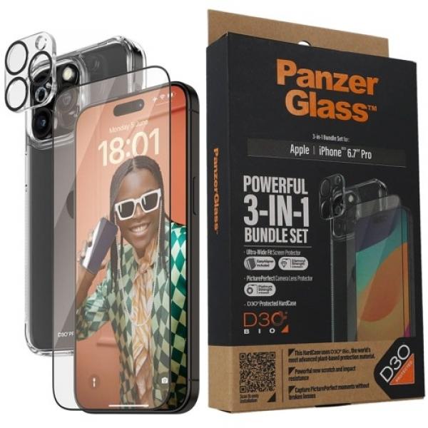 Zestaw PanzerGlass 3-in-1 Protection: etui, szkło hartowane i osłona na obiektyw do iPhone 15 Pro Max, przezroczyste