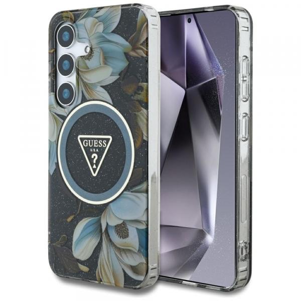 Etui Guess Glitter Flowers Triangle Buttons MagSafe do Galaxy S25, wielokolorowe błyszczące