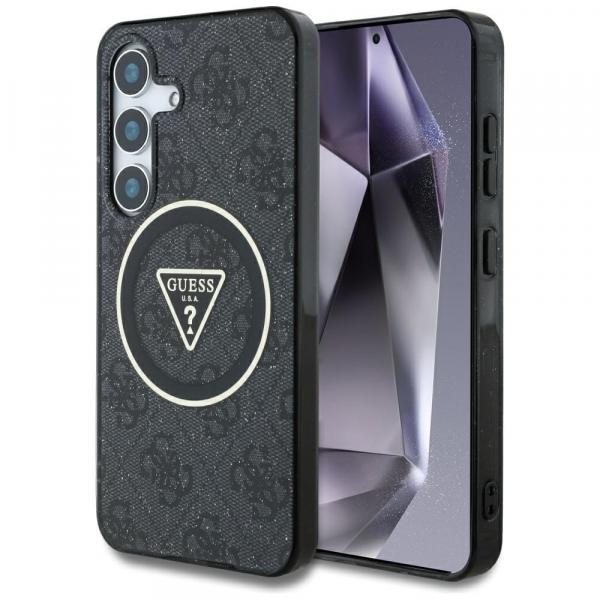 Etui Guess 4G Glitter Triangle Buttons do MagSafe do Galaxy S25, czarna ze złotymi elementami