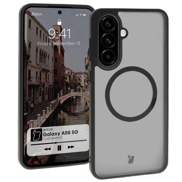 Etui z pierścieniem magnetycznym Bizon Case MatteO do Galaxy A56 5G, półprzezroczyste z czarną ramką
