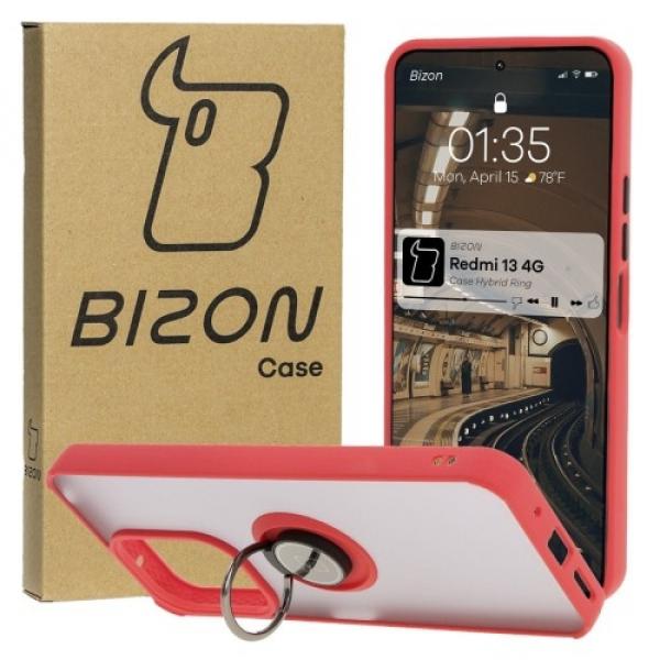 Etui z uchwytem na palec Bizon Case Hybrid Ring do Xiaomi Redmi 13 4G, przydymione z czerwoną ramką
