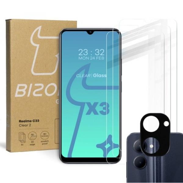 3x Szkło + szybka na aparat BIZON Clear 2 do Realme C33