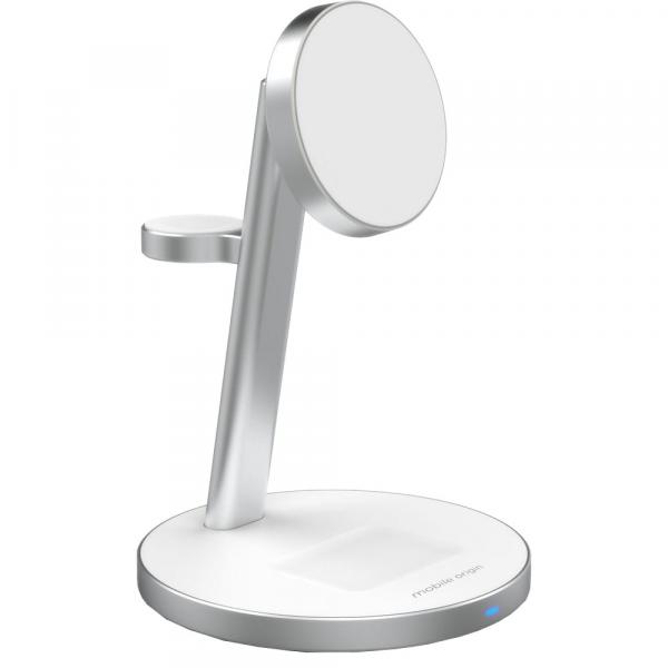 Ładowarka indukcyjna Mobile Origin Qi2 PowerStand 3in1 25W do MagSafe + ładowarka sieciowa GaN 35W PD, srebrna