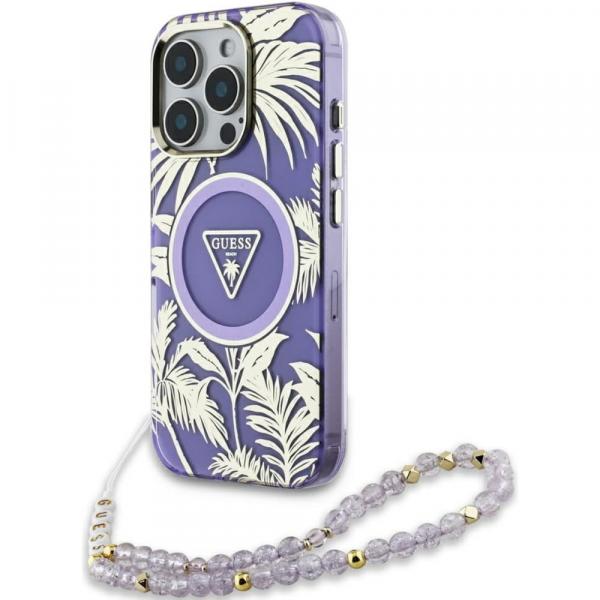 Etui Guess Palm Trees Triangle Pearl Strap MagSafe do iPhone 16 Pro Max, fioletowe