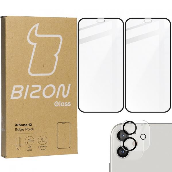 2x Szkło + szybka na aparat Bizon Edge Pack, iPhone 12, czarne