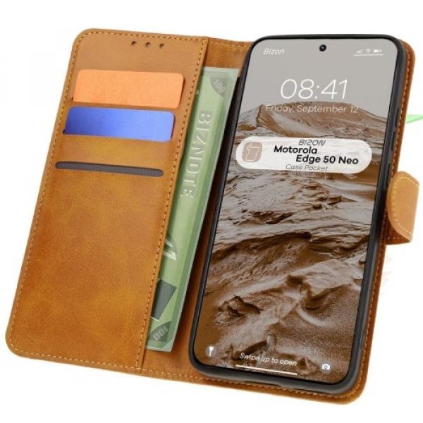 Etui z klapką Bizon Case Pocket do Motorola Edge 50 Neo, brązowe