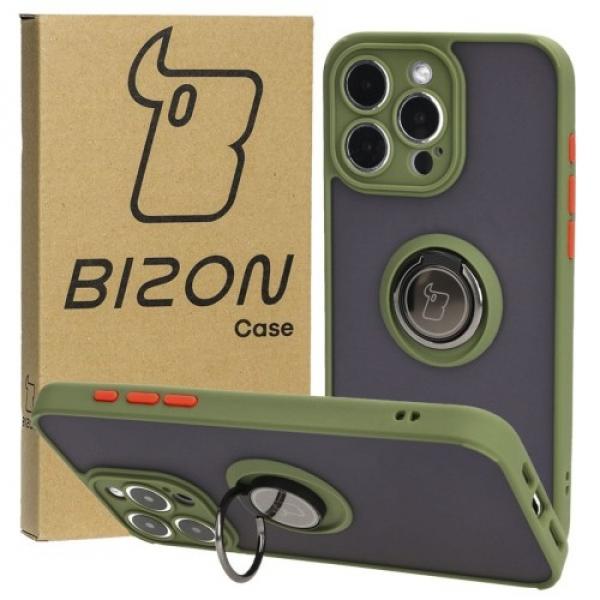 Etui z uchwytem na palec Bizon Case Hybrid Ring do iPhone 15 Pro Max, przydymione z zieloną ramką