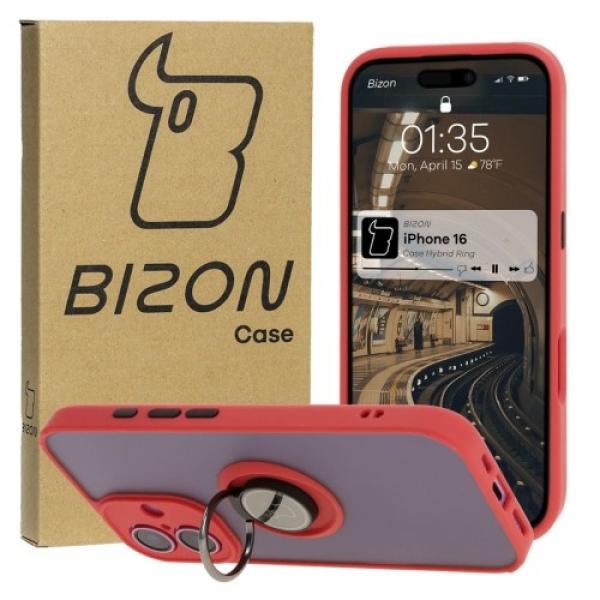Etui z uchwytem na palec Bizon Case Hybrid Ring do iPhone 16, przydymione z czerwoną ramką