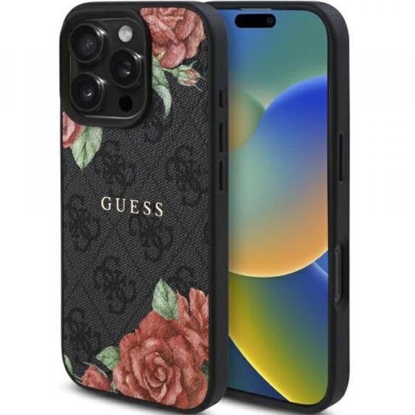 Etui Guess Hardcase 4G Leather Flowers Print Metal Logo MagSafe do iPhone 16 Pro, czarne