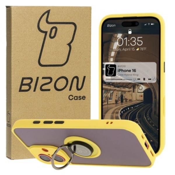 Etui z uchwytem na palec Bizon Case Hybrid Ring do iPhone 16, przydymione z żółtą ramką