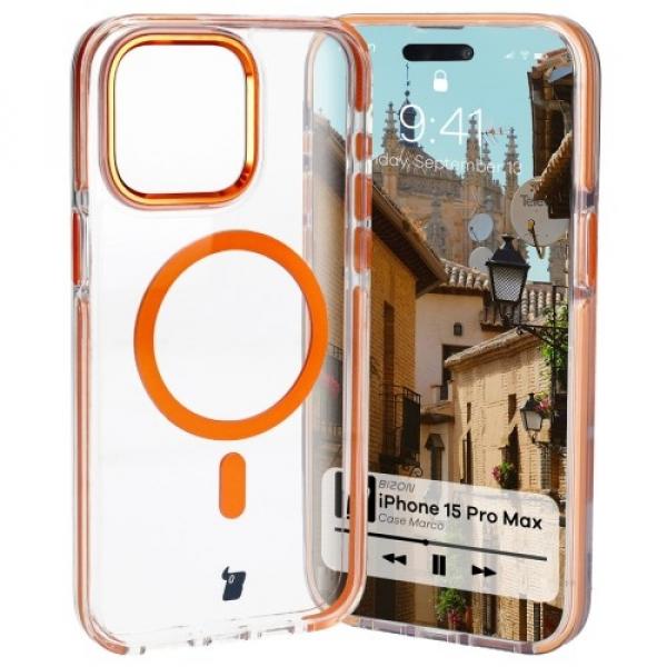 Etui z pierścieniem magnetycznym Bizon Case Marco do iPhone 15 Pro Max, przezroczyste z pomarańczową ramką