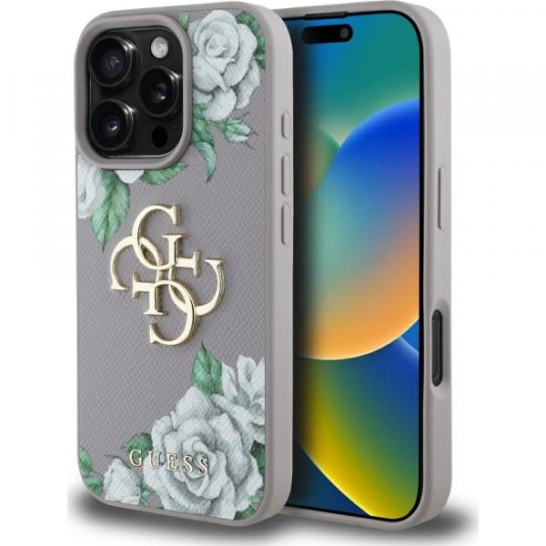 Etui Guess Grained Roses Big 4G do iPhone 16 Pro, fioletowe z kwiecistym wzorem