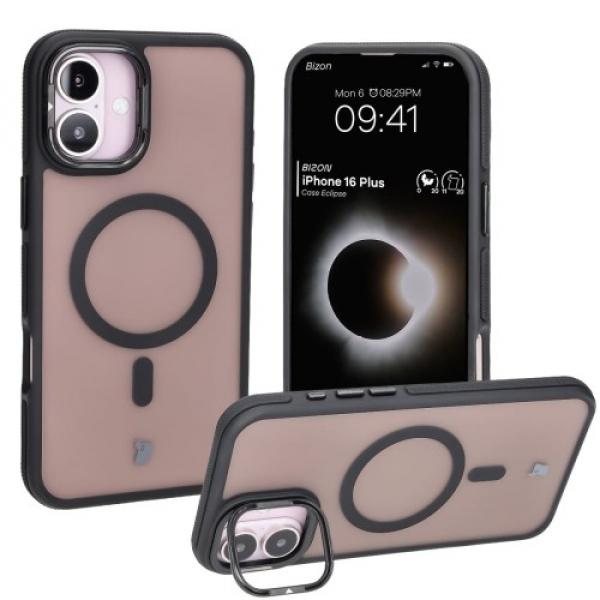 Etui z podstawką i pierścieniem magnetycznym Bizon Case Eclipse do iPhone 16 Plus, przydymione z czarną ramką