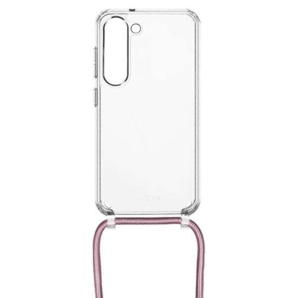 Etui FIXED Pure Neck do Galaxy S23, przezroczyste ze smyczą różową