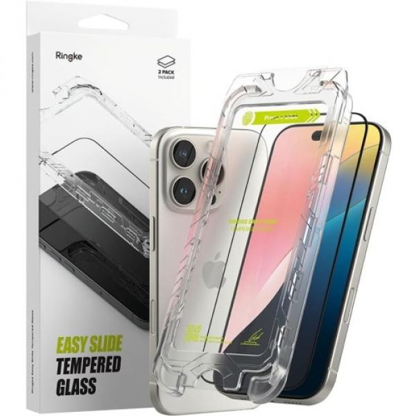 Szkło hartowane na ekran z aplikatorem Ringke Easy Slide 2-Pack do iPhone 16 Pro, czarna ramka, 2 sztuki