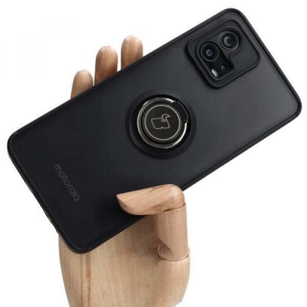 Etui z uchwytem na palec Bizon Case Hybrid Ring do Motorola Moto G72, przydymione z czarną ramką