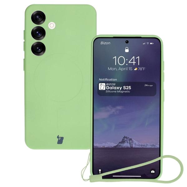 Silikonowe etui z pierścieniem magnetycznym Bizon Case Silicone Magnetic do Galaxy S25 / Galaxy S24, jasnozielone