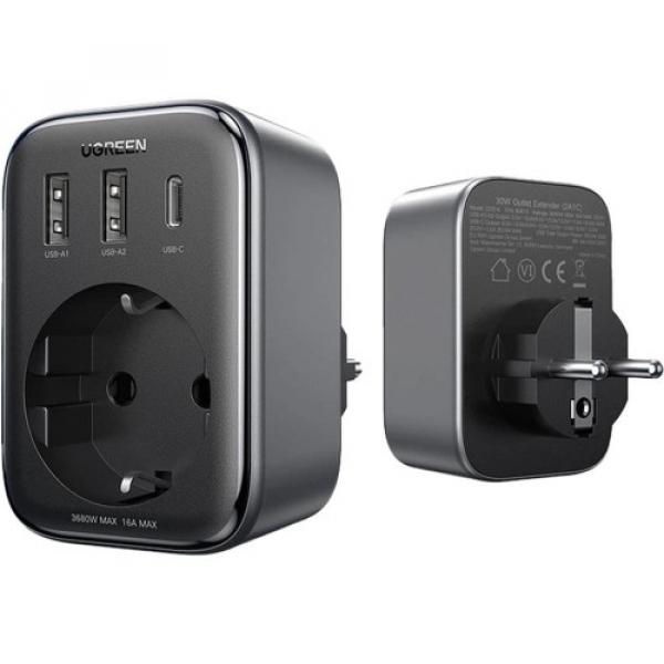 Ładowarka sieciowa Ugreen Outlet Extender 2x USB-A, 1x USB-C, 1x AC, 30W, czarna