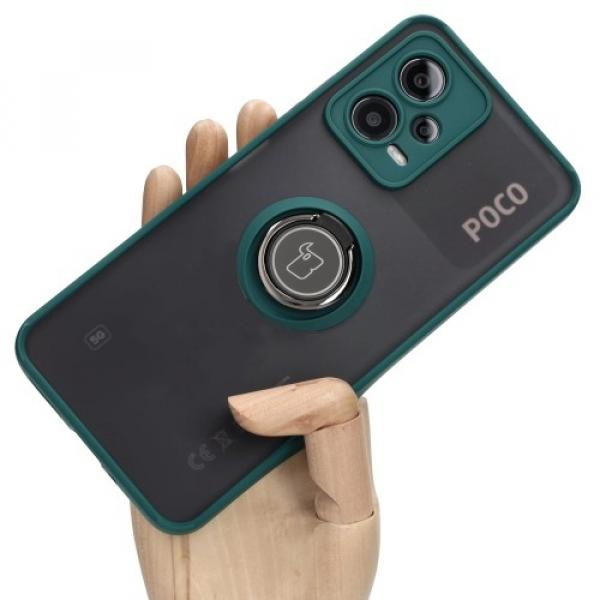 Etui z uchwytem na palec Bizon Case Hybrid Ring do Xiaomi Pocophone X5, przydymione z ciemnozieloną ramką