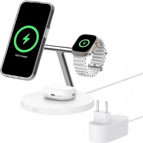 Ładowarka indukcyjna Belkin Boost Pro 3-in-1 Qi2 15W dla Apple Watch / AirPods / iPhone z MagSafe +PSU WIZ032, biała