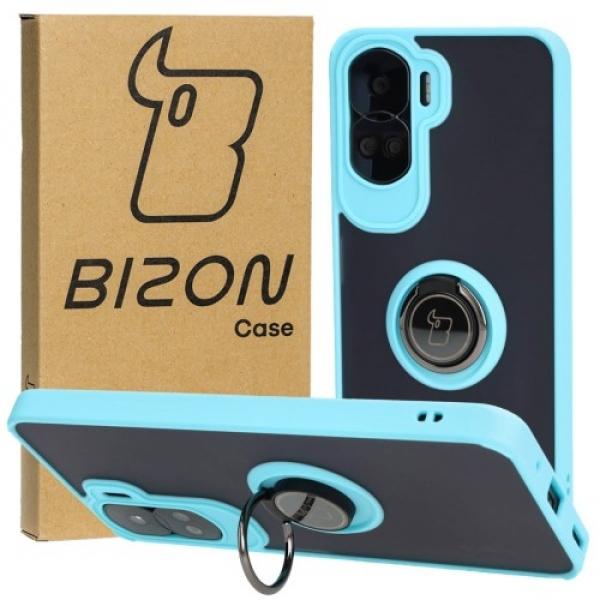 Etui z uchwytem na palec Bizon Case Hybrid Ring do Honor 90 Lite, przydymione z jasnoniebieską ramką