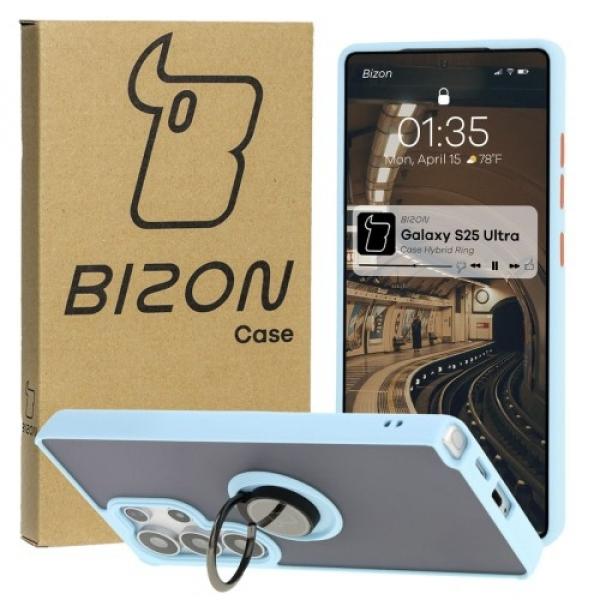 Etui z uchwytem na palec Bizon Case Hybrid Ring do Galaxy S25 Ultra, przydymione z jasnoniebieską ramką