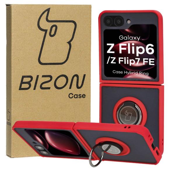 Etui z uchwytem na palec Bizon Case Hybrid Ring do Galaxy Z Flip7 FE / Z Flip6, przydymione z czerwoną ramką