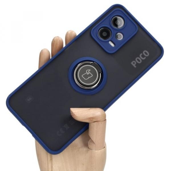 Etui z uchwytem na palec Bizon Case Hybrid Ring do Xiaomi Poco X5 / Redmi Note 12 5G, przydymione z granatową ramką