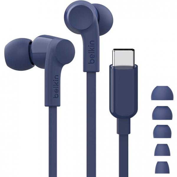 Słuchawki douszne przewodowe z mikrofonem Belkin SoundForm USB-C Wired AVL, granatowe