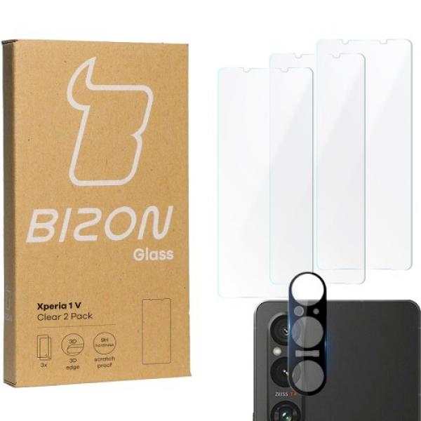 3x Szkło + szybka na aparat BIZON Clear 2 Pack do Xperia 1 V