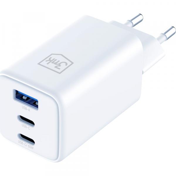 Ładowarka sieciowa 3mk Hyper GaN Charger 65W, 1x USB-A QC 4+, 2x USB-C PD, biała