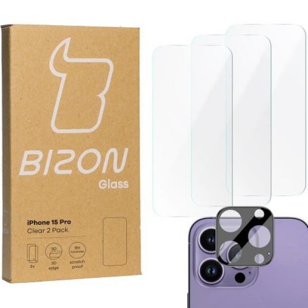 3x Szkło + szybka na aparat BIZON Clear 2 Pack do iPhone 15 Pro