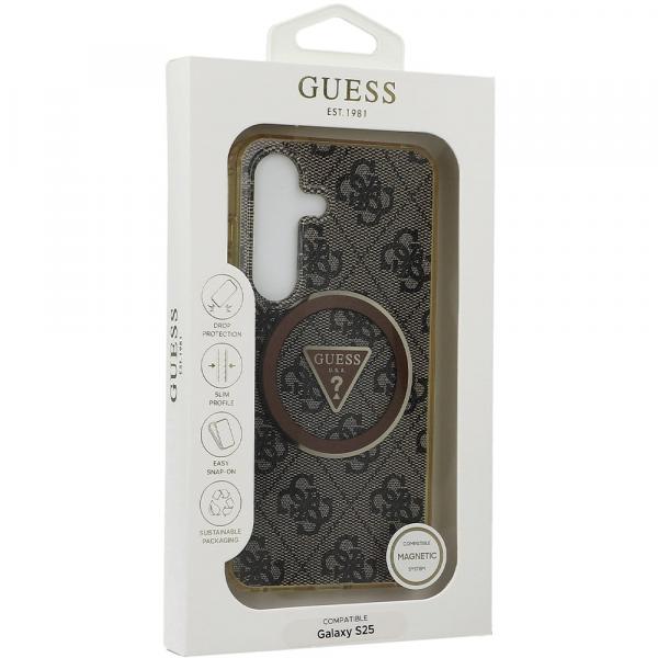 Etui Guess 4G Glitter Triangle Buttons MagSafe do Galaxy S25, brązowe