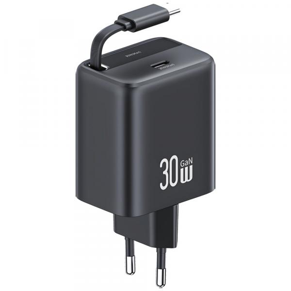 Ładowarka sieciowa USAMS CC241 YC Series 30W PD/QC/GaN, 1x USB-C + zwijany kabel USB-C, czarna