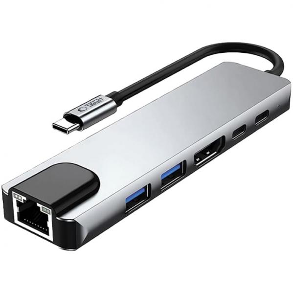Hub, adapter Tech-Protect HB02, 6w1 1x USB-A 3.0, 1x USB-A 2.0, 2x USB-C, 100W PD, HDMI, RJ-45, szary