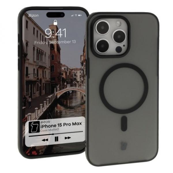 Etui z pierścieniem magnetycznym Bizon Case MatteO do iPhone 15 Pro Max, półprzezroczyste z czarną ramką