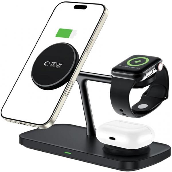 Ładowarka indukcyjna 3w1, Tech-Protect A45 Magnetic Stand Qi 15W do MagSafe, czarna