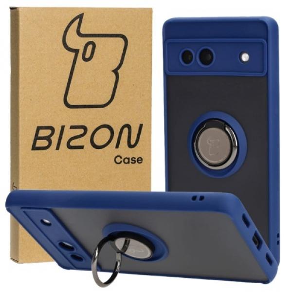 Etui z uchwytem na palec Bizon Case Hybrid Ring do Google Pixel 7A, przydymione z granatową ramką