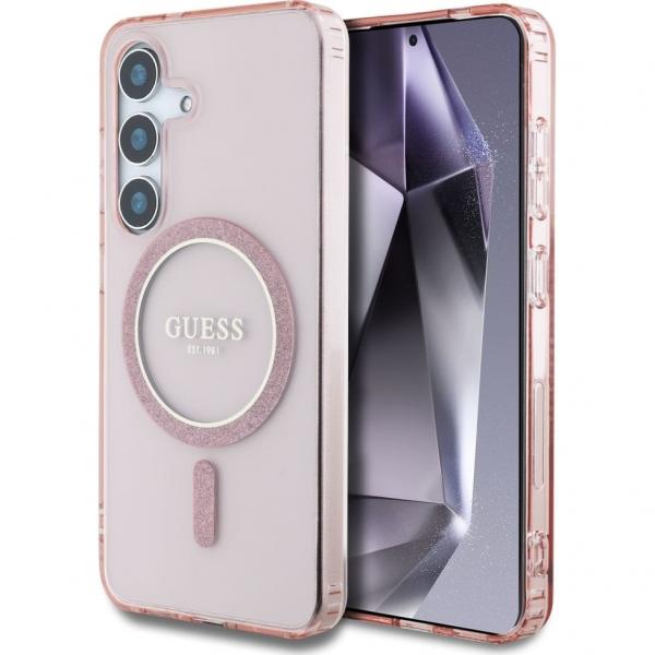 Etui Guess Glitter Circle Classic Logo do MagSafe do Galaxy S25, różowe