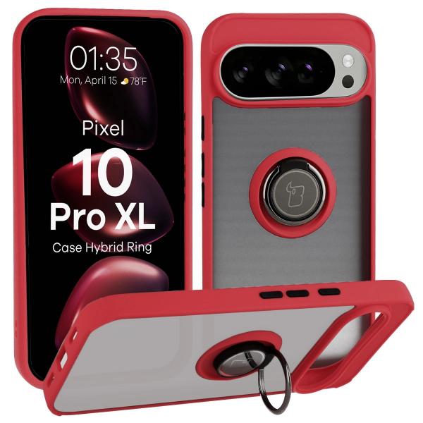 Etui z uchwytem na palec Bizon Case Hybrid Ring do Google Pixel 10 Pro XL, przydymione z czerwoną ramką