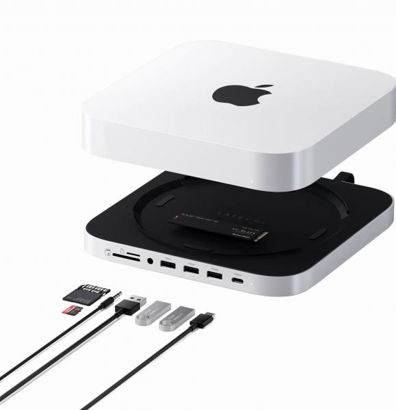 Stacja, hub USB-C, podstawka Satechi Stand and Hub do Mac Mini / Studio, 3x USB-A / 1x USB-C / NVMe / SD / Jack 3.5 mm, srebrna