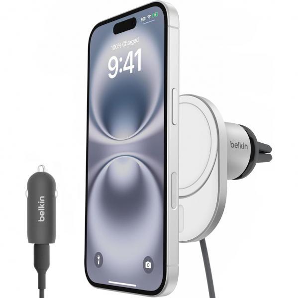 Uchwyt samochodowy magnetyczny Belkin Boost Pro Magnetic Car Charger Qi2 15W Vent Mount MagSafe + ładowarka samochodowa 20W, szary