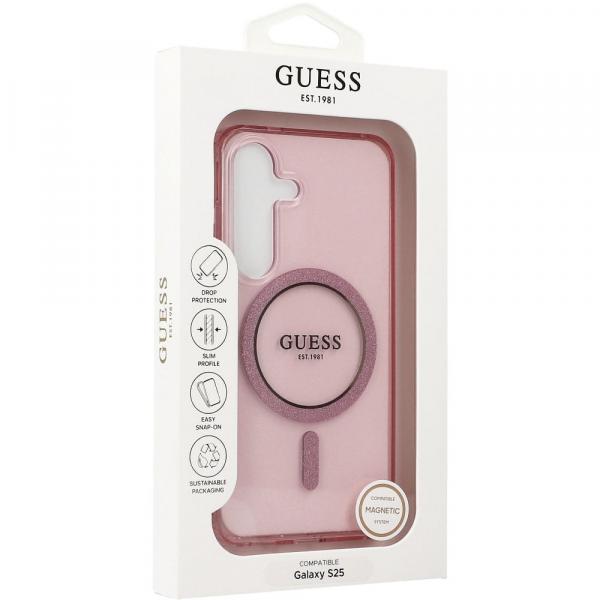 OUTLET: Etui Guess Glitter Circle Classic Logo do MagSafe do Galaxy S25, różowe