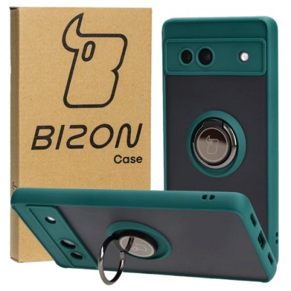 Etui z uchwytem na palec Bizon Case Hybrid Ring do Google Pixel 7A, przydymione z ciemnozieloną ramką