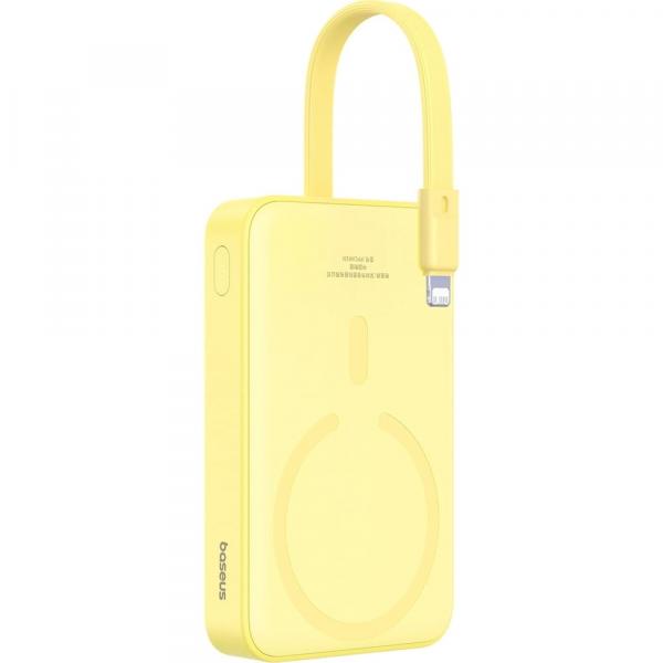 Powerbank indukcyjny Qi, z wbudowanym kablem lightning, USB-C, Baseus Magnetic Mini, do MagSafe, 10 000mAh, 20W, żółty
