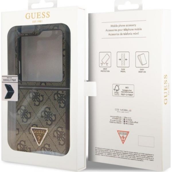 Etui Guess HardCase Leather 4G Triangle Strass do Galaxy Z Flip5, brązowe