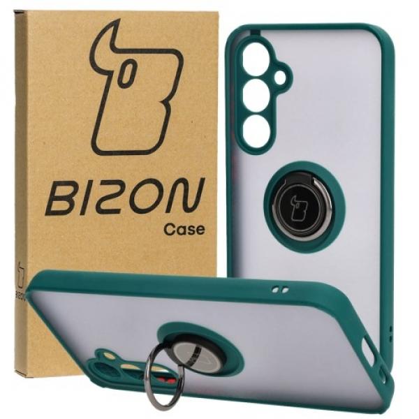 Etui z uchwytem na palec Bizon Case Hybrid Ring do Galaxy S23 FE, przydymione z ciemnozieloną ramką