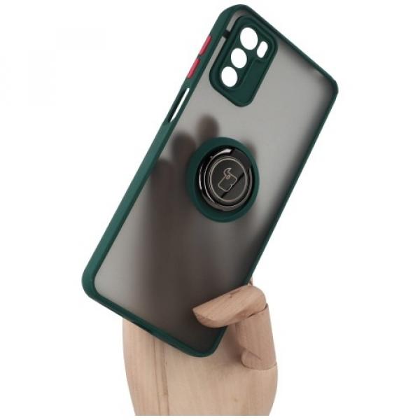 Etui z uchwytem na palec Bizon Case Hybrid Ring do Motorola Moto G42 , przydymione z ciemnozieloną ramką