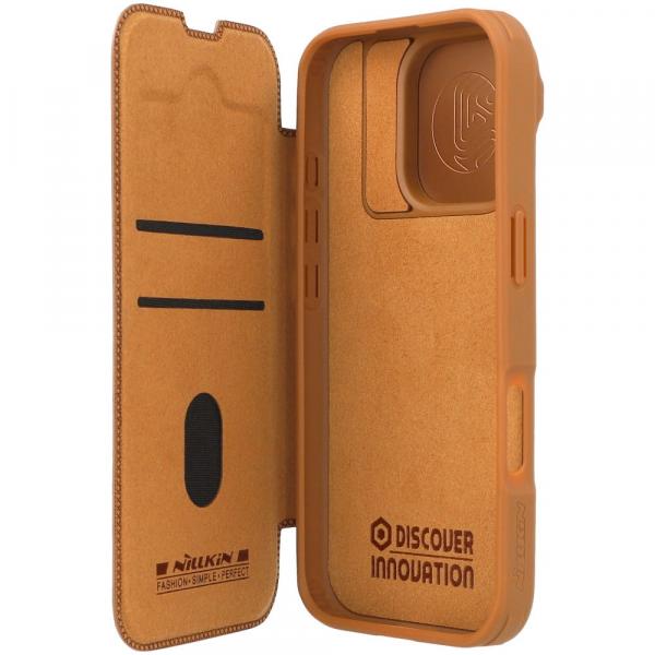 OUTLET: Etui z klapką i ochroną aparatu Nillkin Qin Prop do iPhone 16 Pro, brązowe