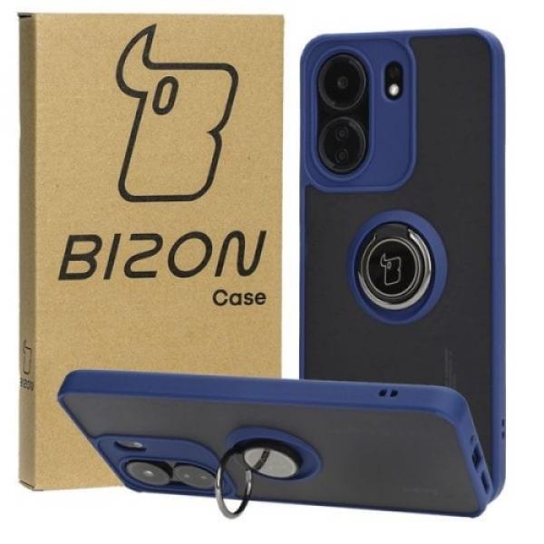 Etui z uchwytem na palec Bizon Case Hybrid Ring do Xiaomi Redmi 13C / Xiaomi Pocophone C65, przydymione z granatową ramką